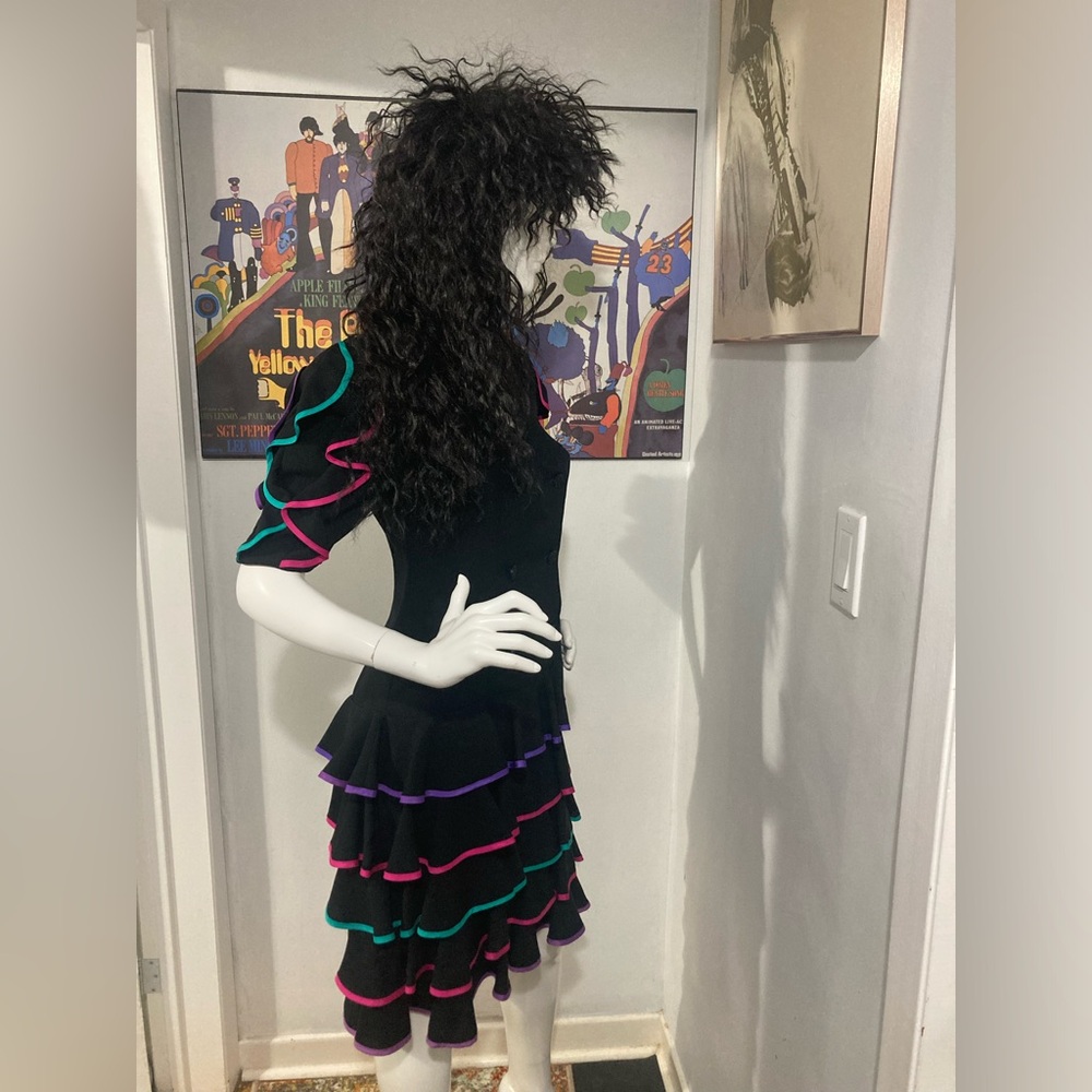 Rare Vintage 90s Dress - Black Ruffles with pink, purple and teal piping